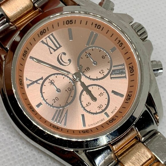 C silver gold tone watch quartz analog 42mm round pink dial links band running - Picture 3 of 9